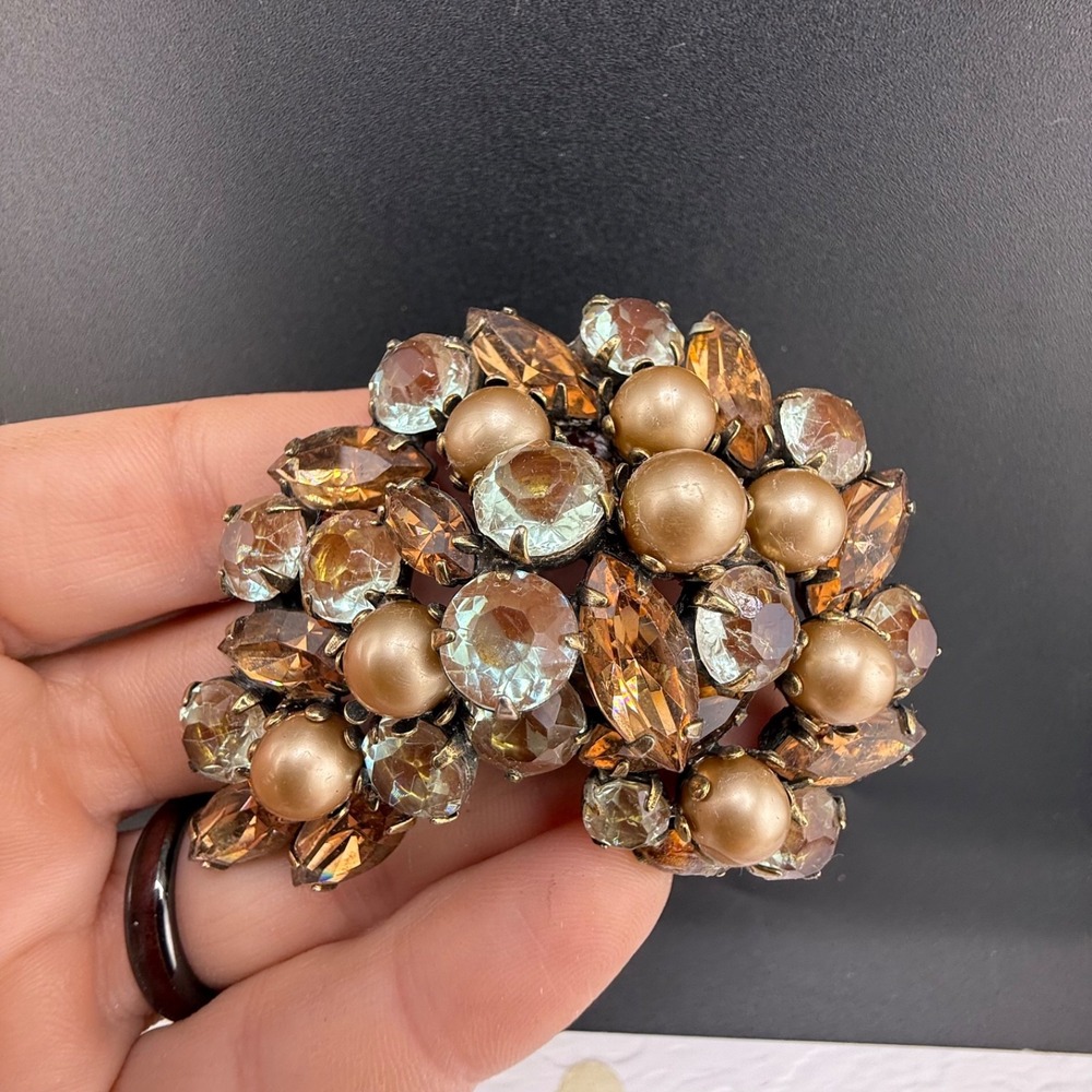 Vintage Kramer Brooch Brown Rhinestone Faux Pearl Gold Tone Large 2.5in
